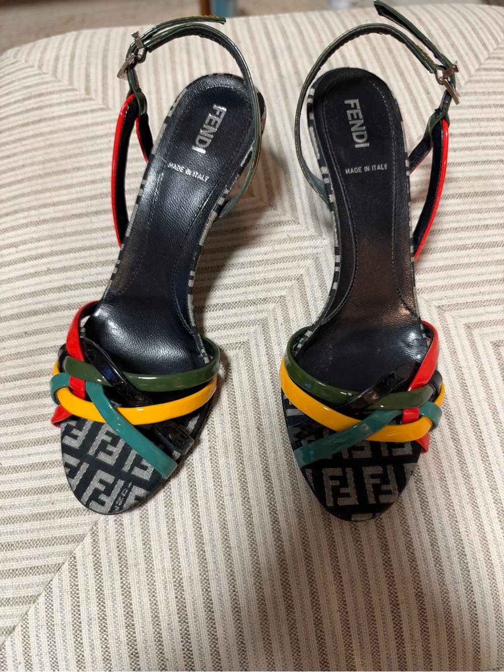 Fendi Multicolor Patent Strappy Logo Slingback Heels